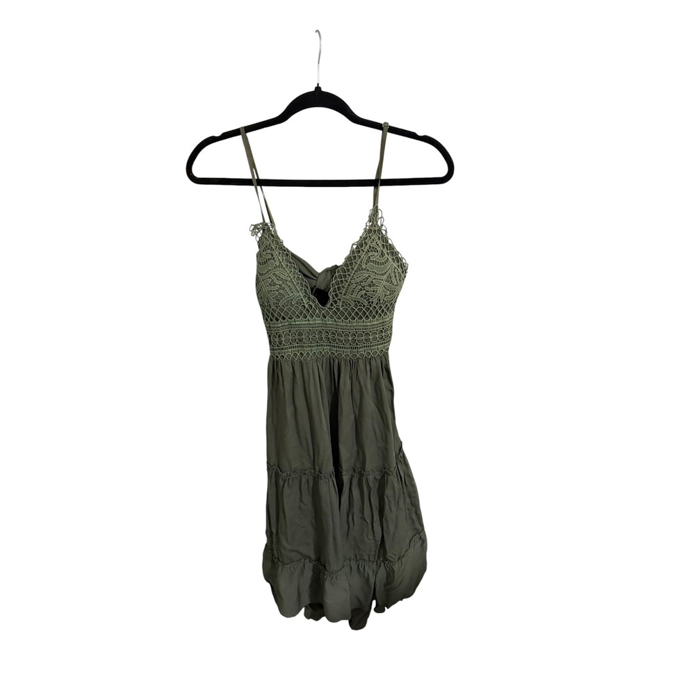 Pronto Moda Italy Olive Green Crochet Lace Tiered Mini Dress Boho Cutout Back